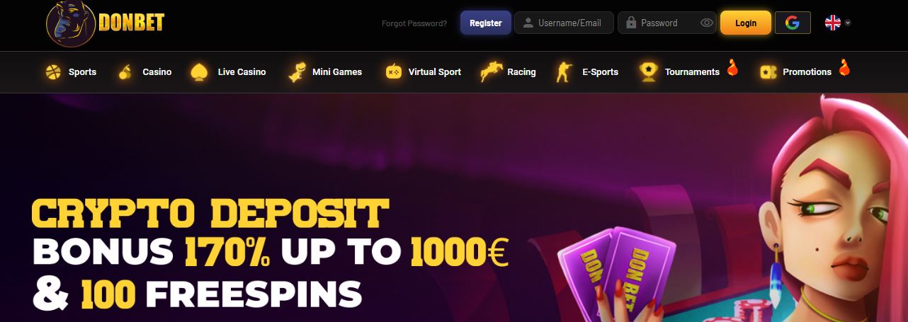 Make a crypto deposit at Donbet and claim a bonus of 170% up to €1,000 plus 100 free spins