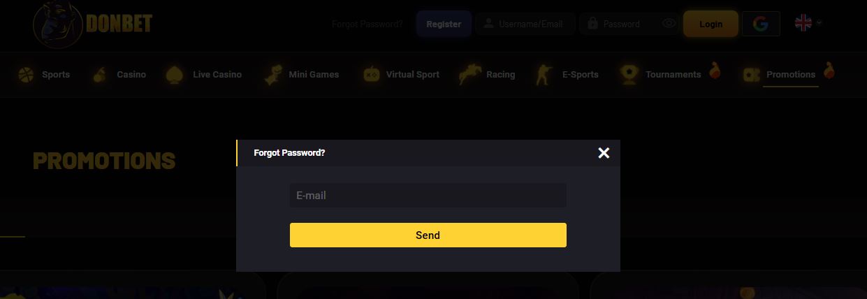 Reset your forgotten password on the Donbet promotions page by entering your email address