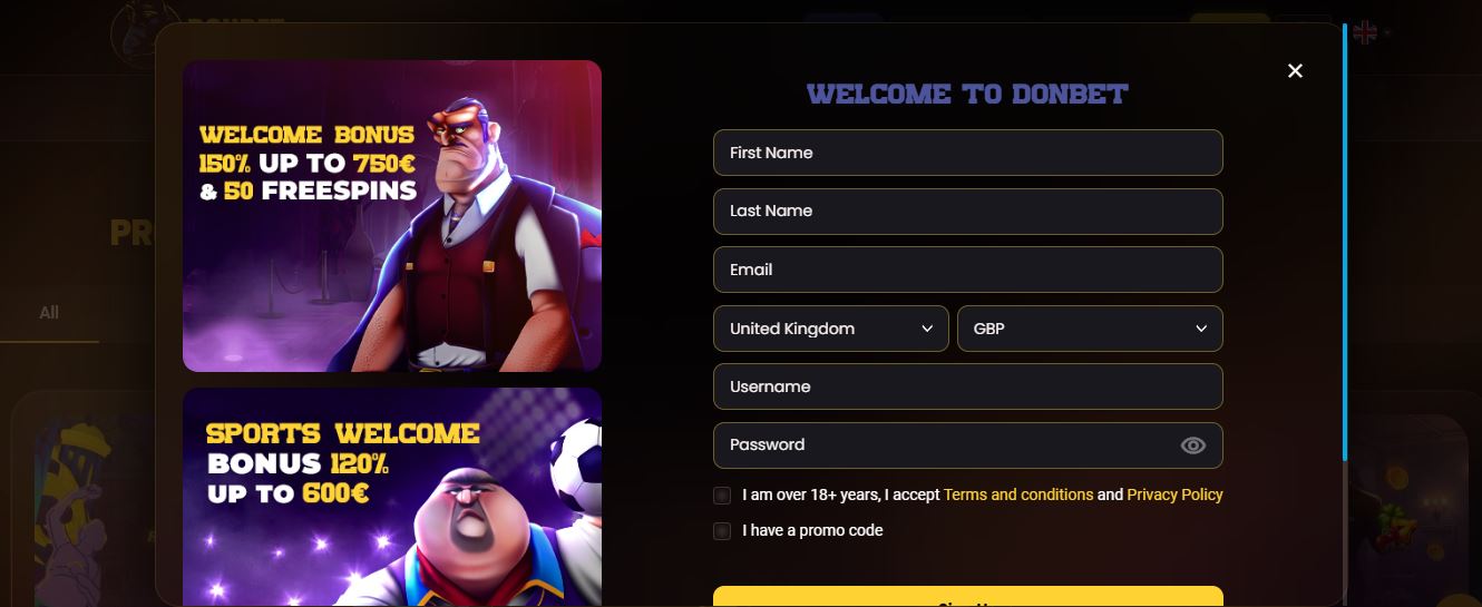 Register a new Donbet account and choose between a casino bonus of 150% up to €750 or a sports bonus of 120% up to €600 